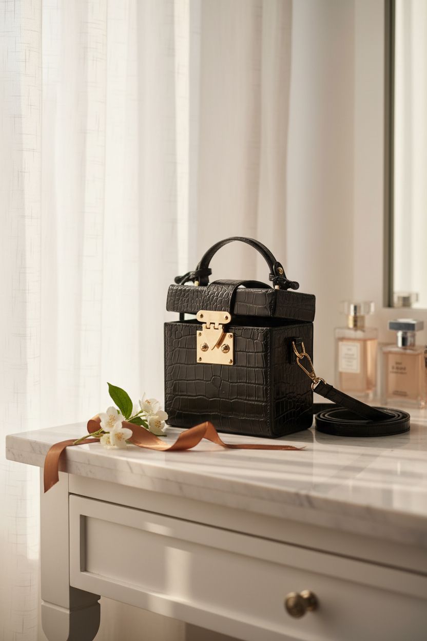 QZUnique cube bag on marble vanity with flowers, lid slightly ajar.