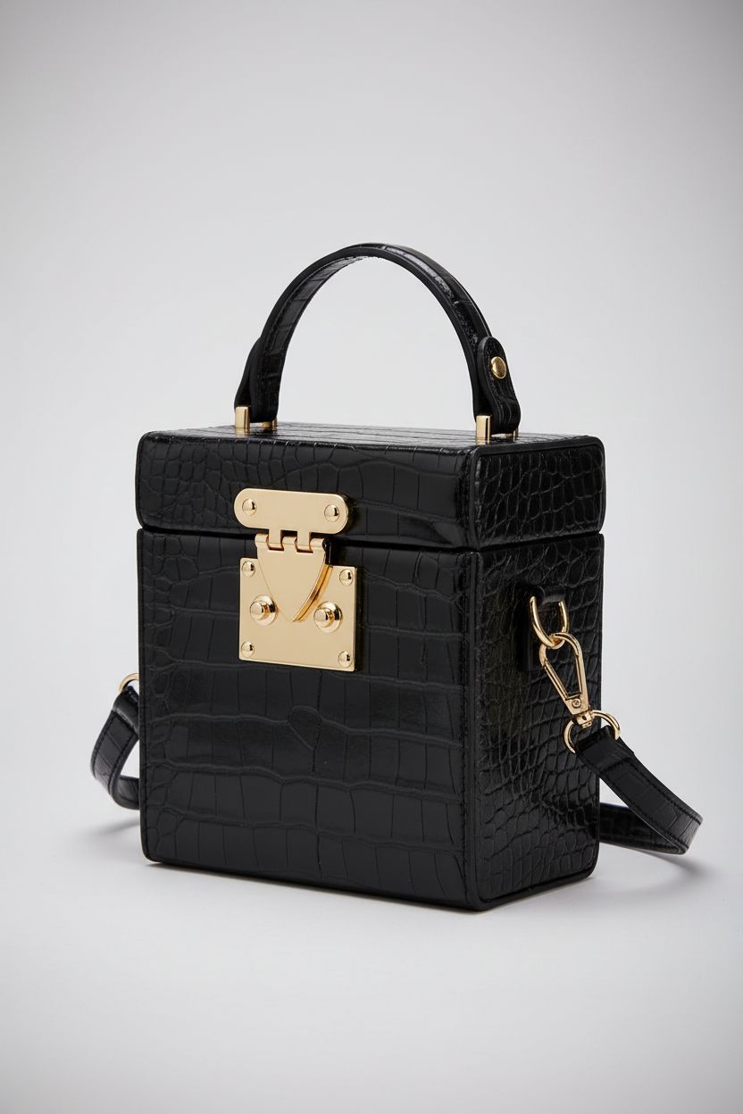 QZUnique cube handbag centered on dove-gray backdrop, showcasing texture.