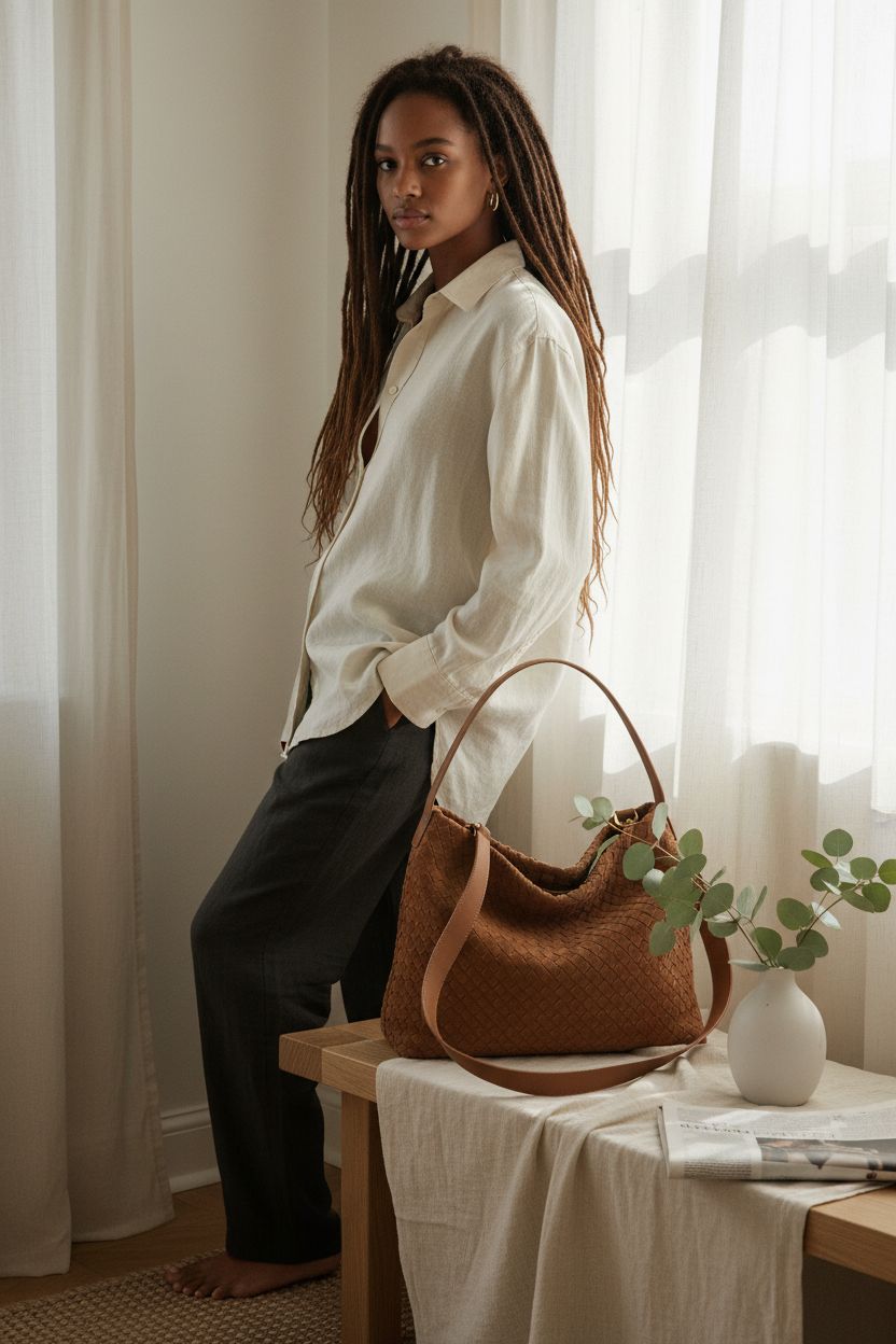 Braided suede tote bag by 1060 resting on a linen-draped bench, creating a cozy home atmosphere.