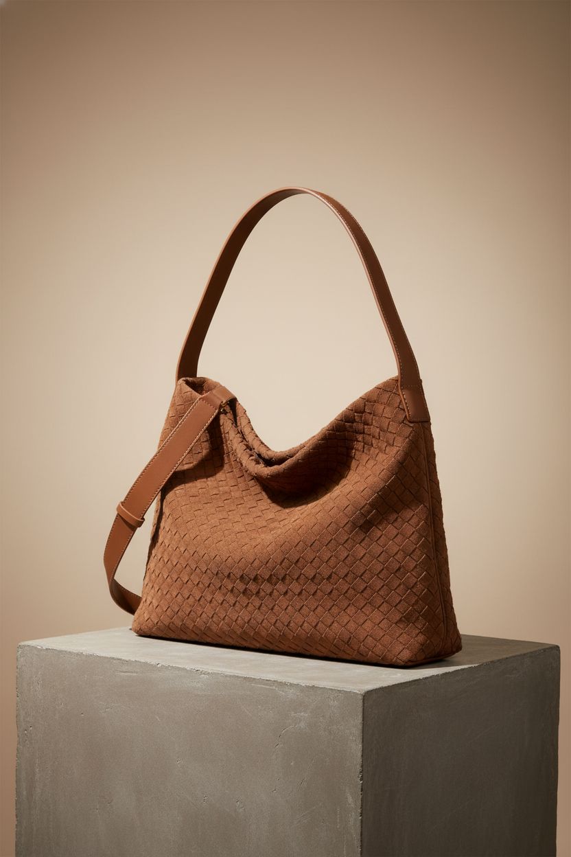 Product shot of 1060's braided suede tote bag, highlighting its craftsmanship and stylish design.
