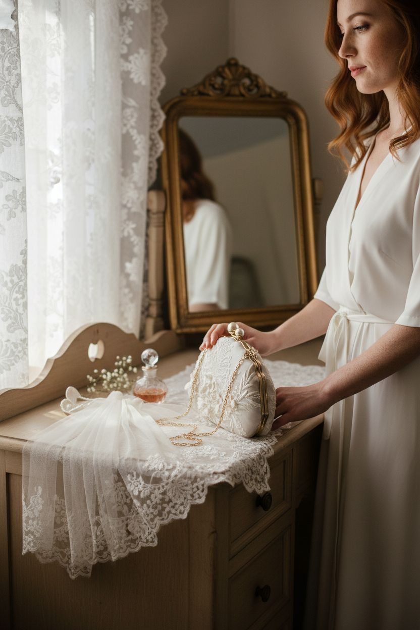 YYW off-white clutch beside a folded veil on an antique vanity, capturing a romantic bridal mood.