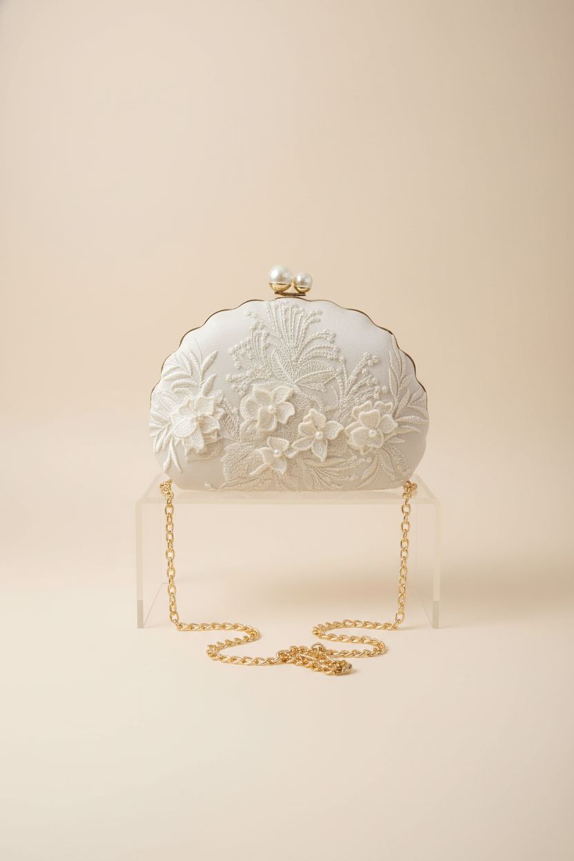 YYW off-white bridal clutch on a warm ivory backdrop, highlighting its exquisite embroidery and pearl buckle.