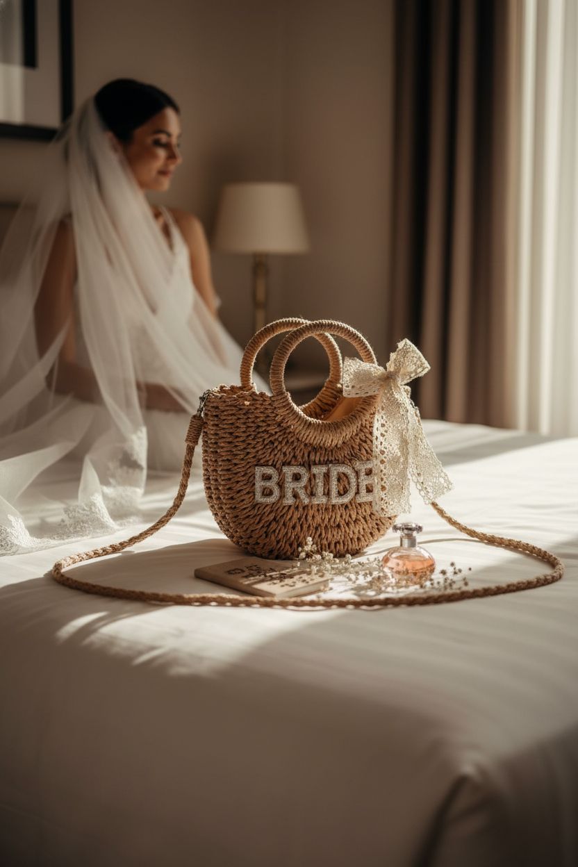 Pinkunn bride straw purse resting on a bed in a boutique hotel, capturing post-ceremony elegance.