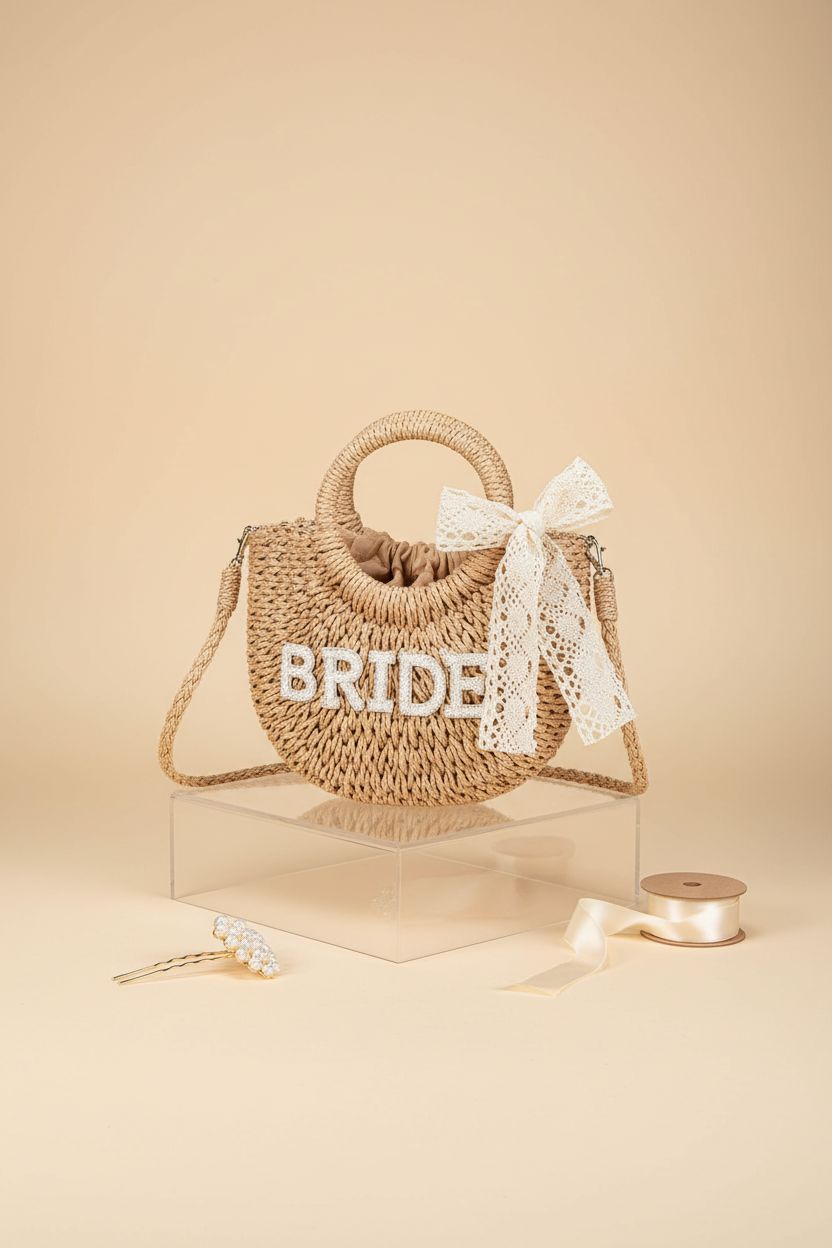 Product shot of Pinkunn bride straw purse with rhinestone lettering and lace bow on a minimalist display.