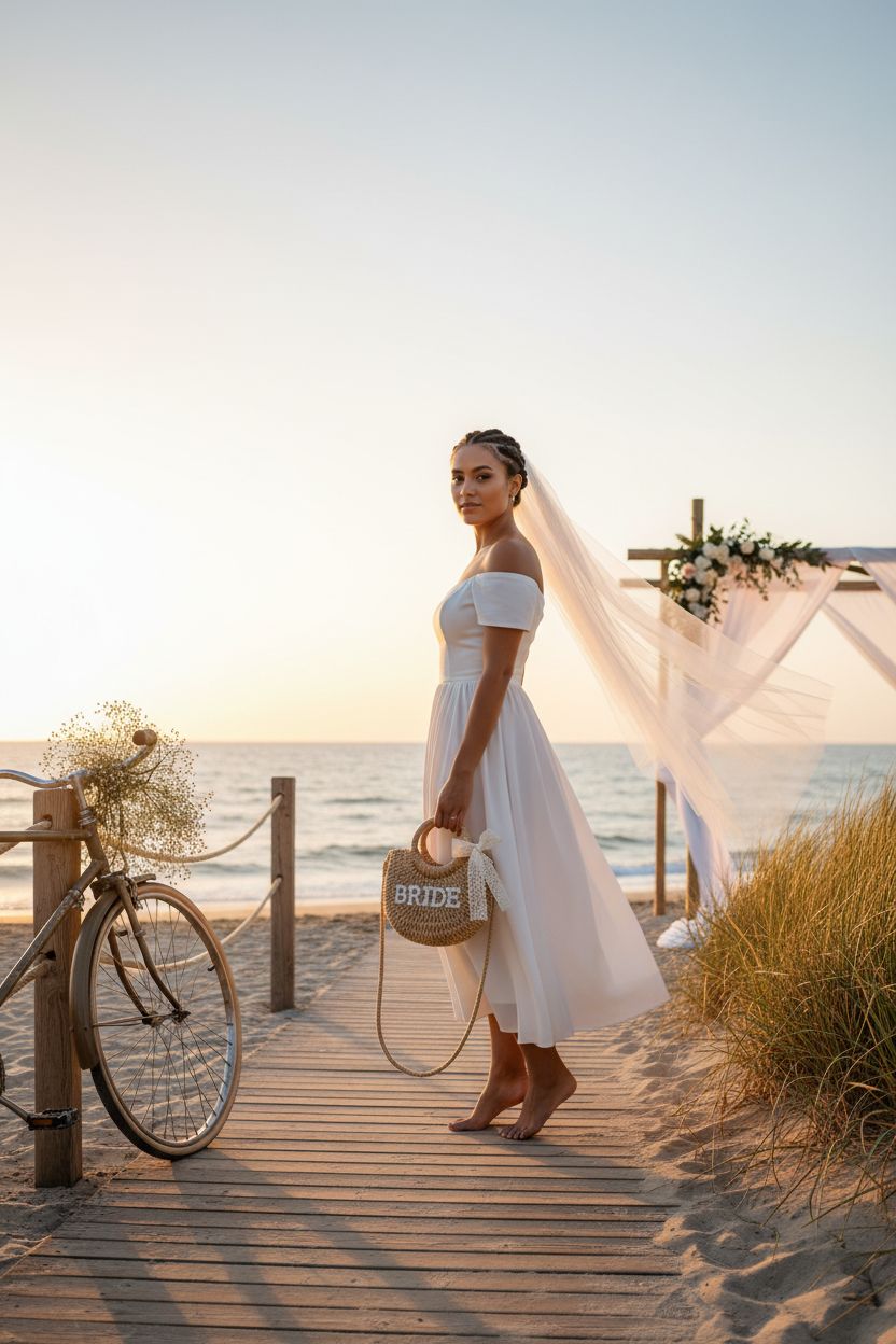 Bride straw purse by Pinkunn on a beach boardwalk at sunrise, perfect for wedding day accessories.