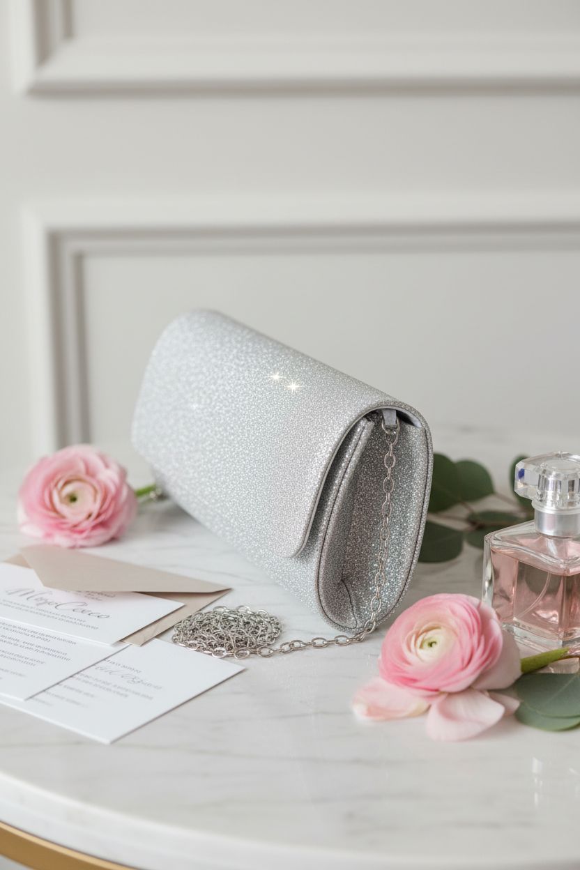 lovyoCoCo evening clutch on marble, styled with floral elements for weddings