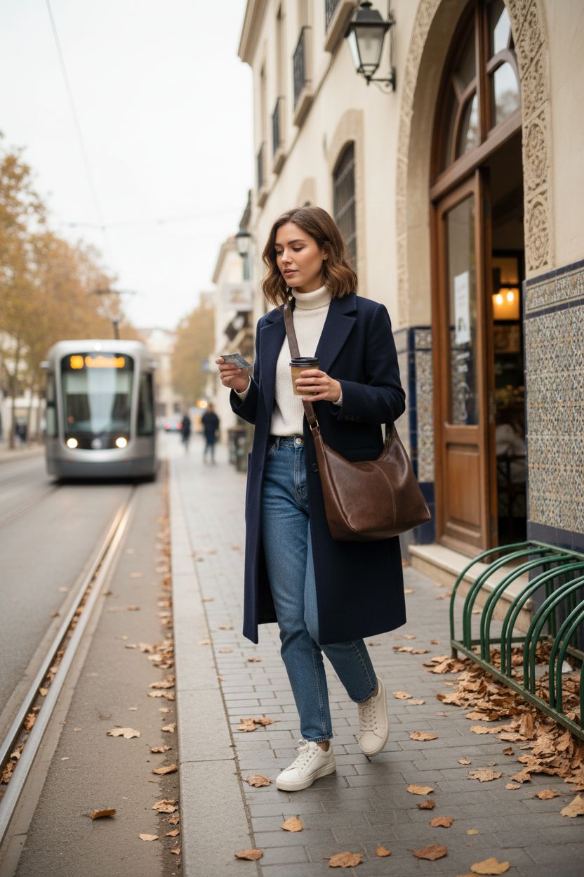 AnBlack brown leather hobo bag over shoulder, ideal for commuting with coffee in hand.