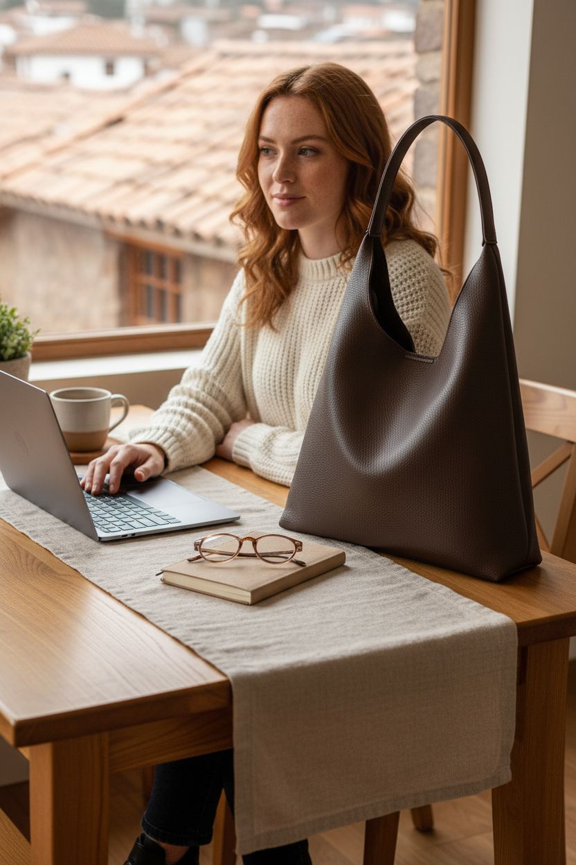 Cozy workspace featuring a brown leather purse by HOXIS within easy reach