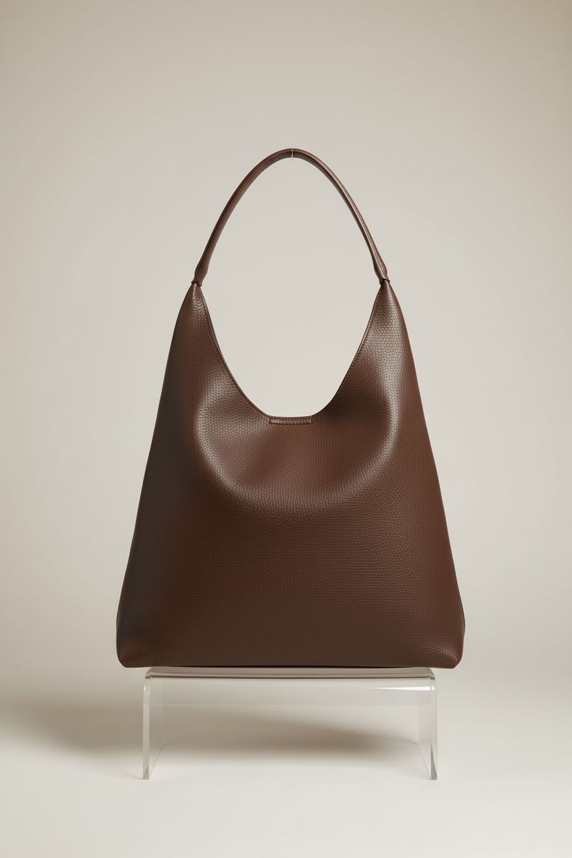 Product shot of HOXIS coffee-brown vegan leather hobo bag on minimal background