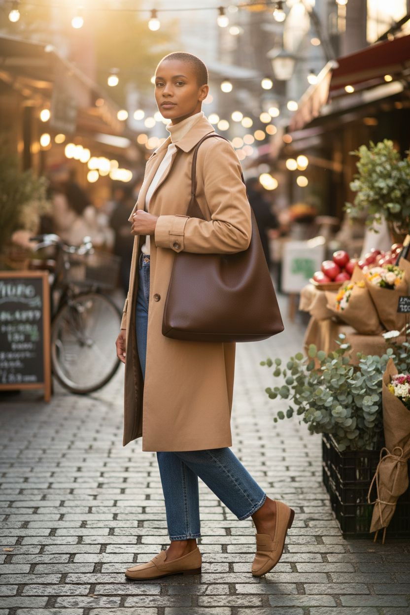 Brown vegan leather slouchy hobo bag by HOXIS in a vibrant farmers' market setting