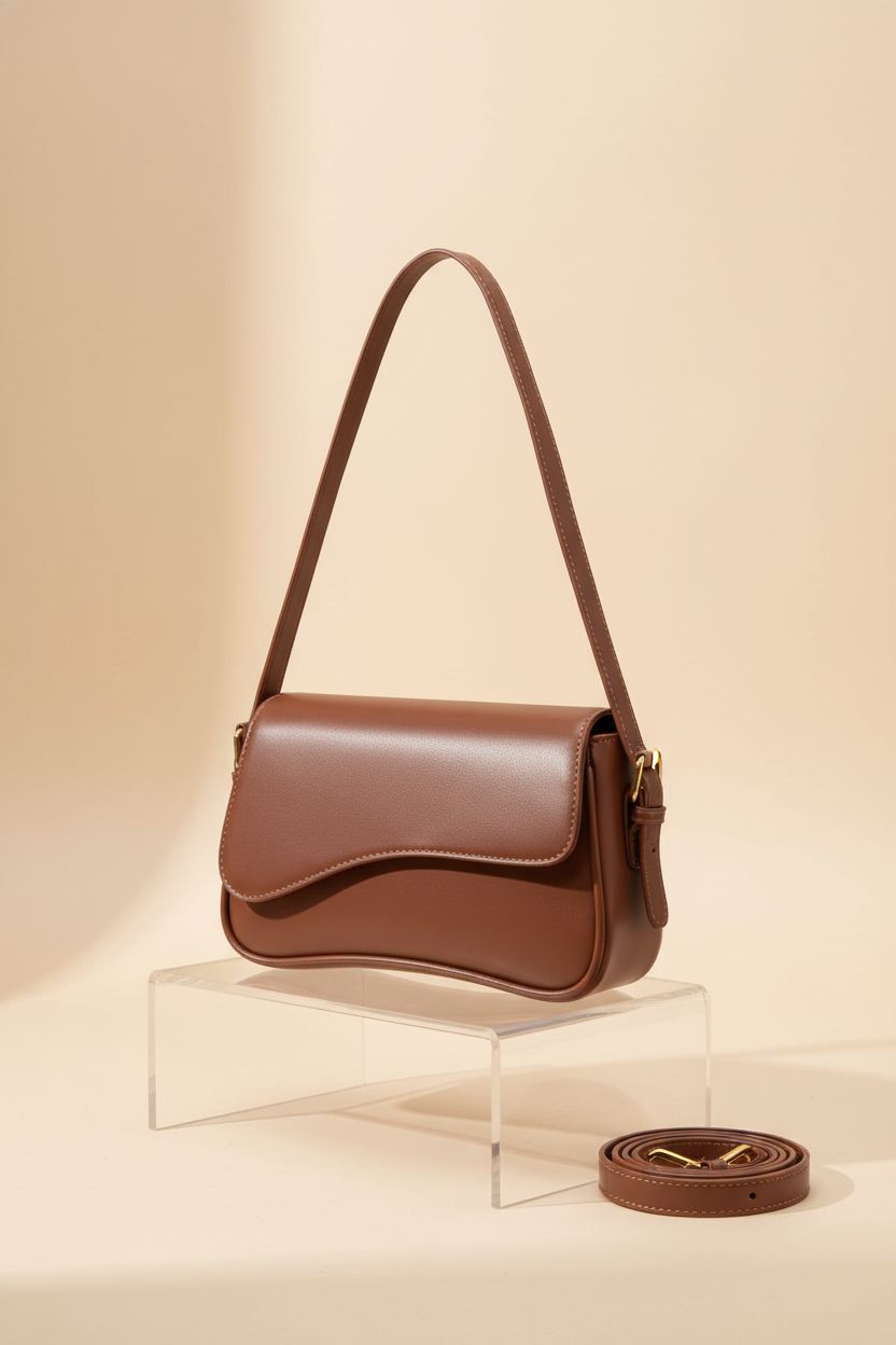 Amszke brown shoulder bag displayed on a seamless backdrop, highlighting its design and gold hardware.