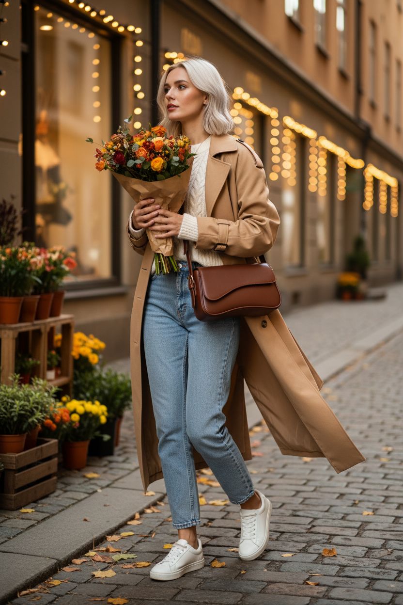 Amszke brown shoulder bag carried elegantly while walking past warm storefronts, perfect for daily use.
