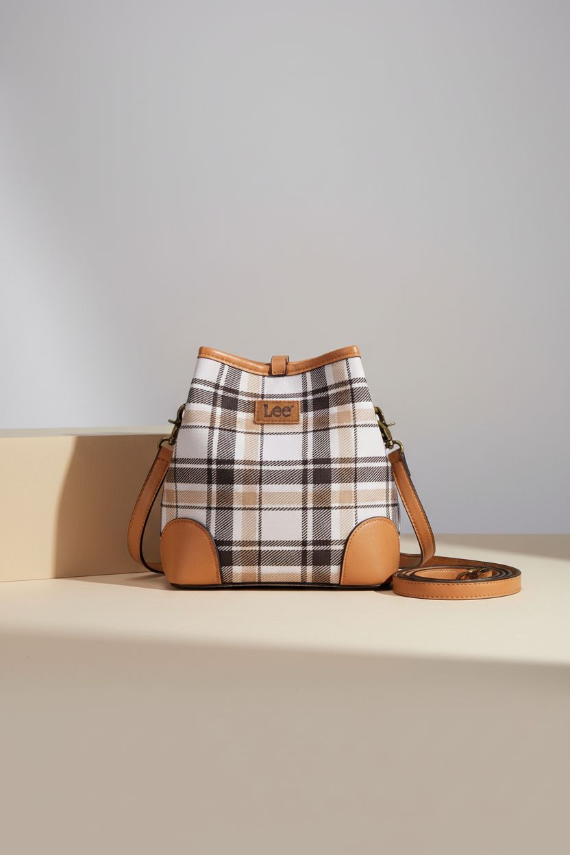 Montana West bucket bag purse showcasing plaid canvas and tan leather in a studio setting.