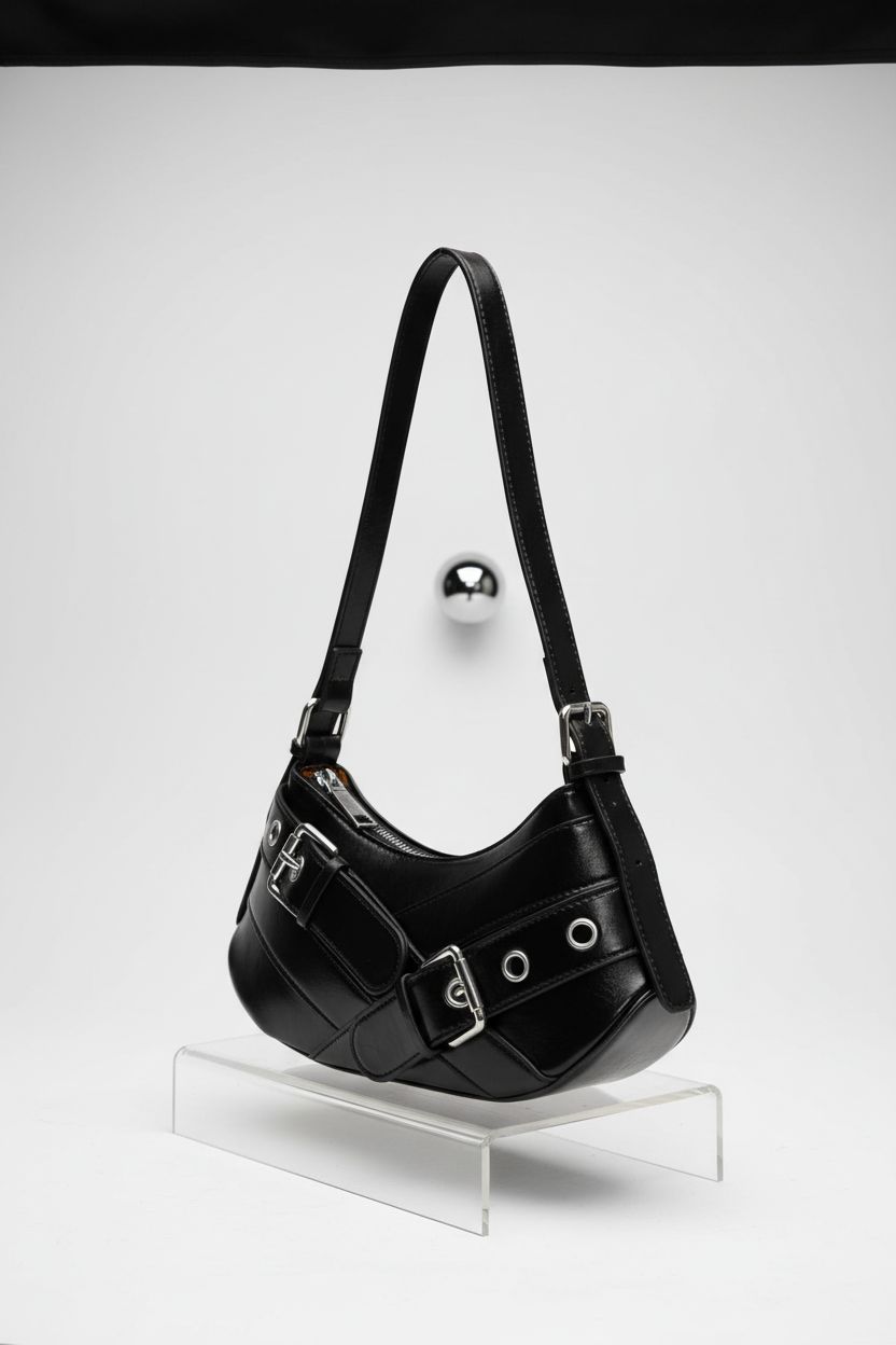 Sanxiner black vegan leather crescent bag on a studio display, highlighting its design.