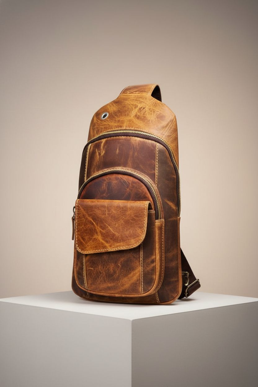 The Tannery buffalo leather purse on a studio backdrop, showcasing its design and features beautifully.