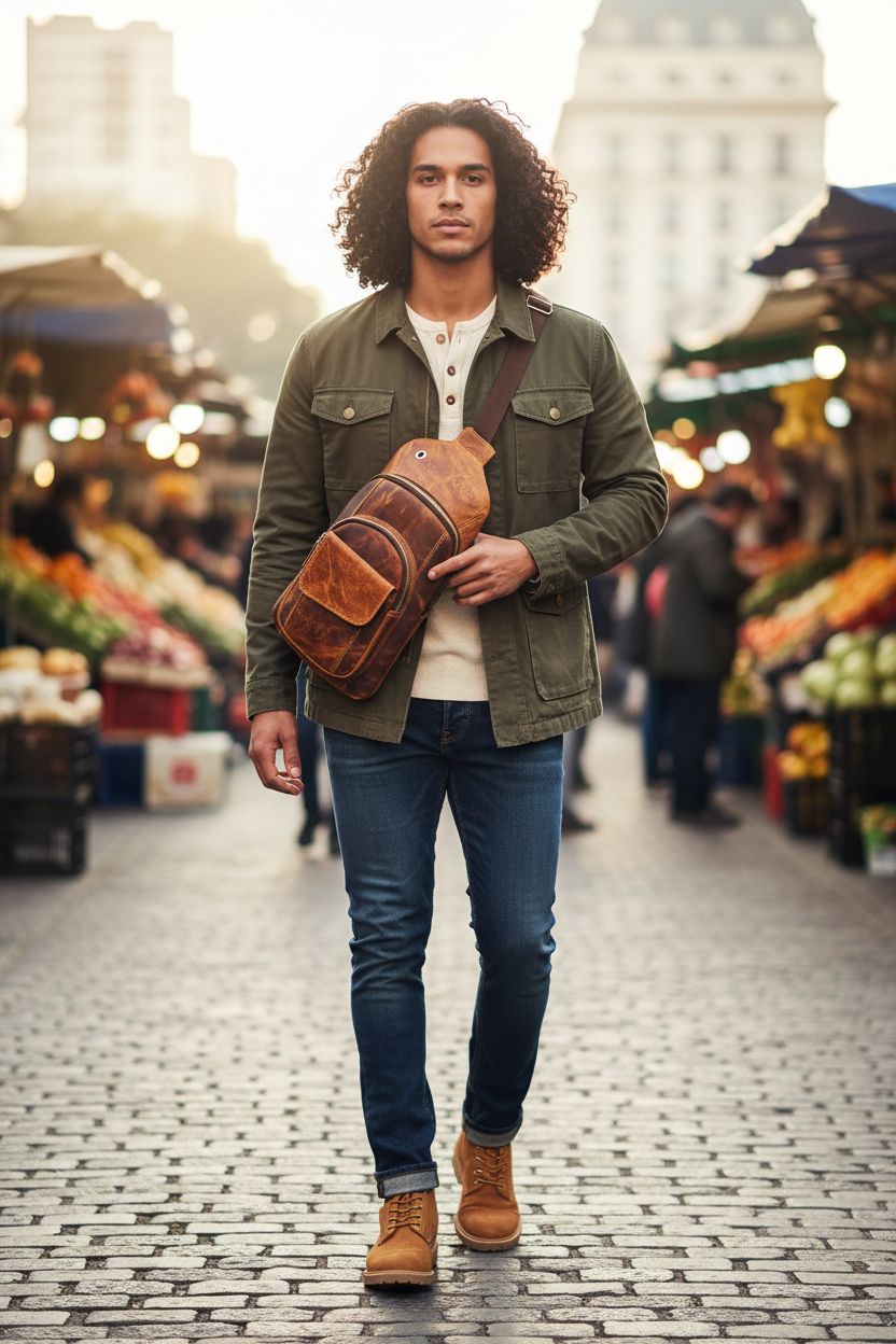 The Tannery brown buffalo leather crossbody purse, perfect for market strolls and daily outings.
