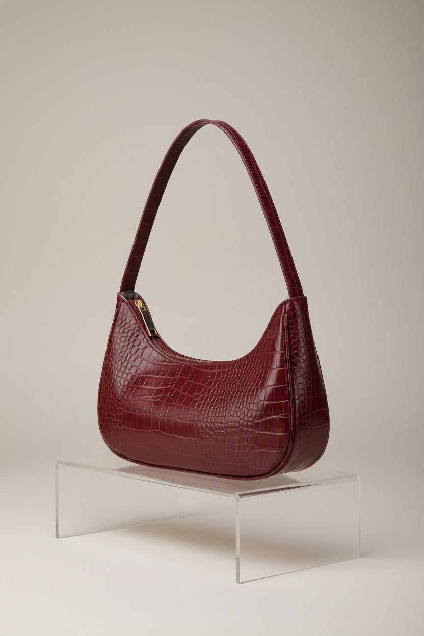 Product shot of WSRYDJDL burgundy crocodile-embossed shoulder bag on display.