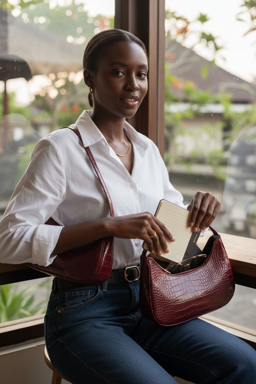 WSRYDJDL burgundy mini hobo bag with organized interior at a cafe window.