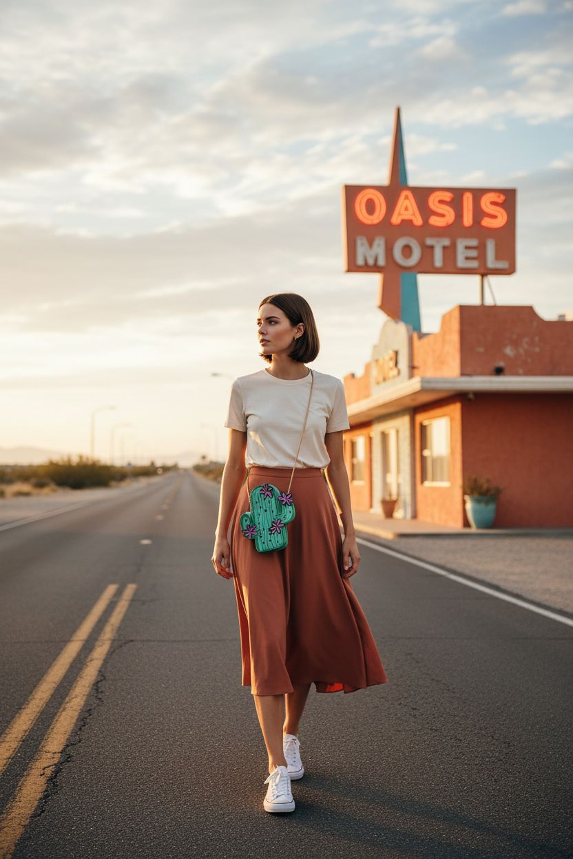 MILATA cactus leather bag in desert setting, showcasing its unique shape and vibrant color.