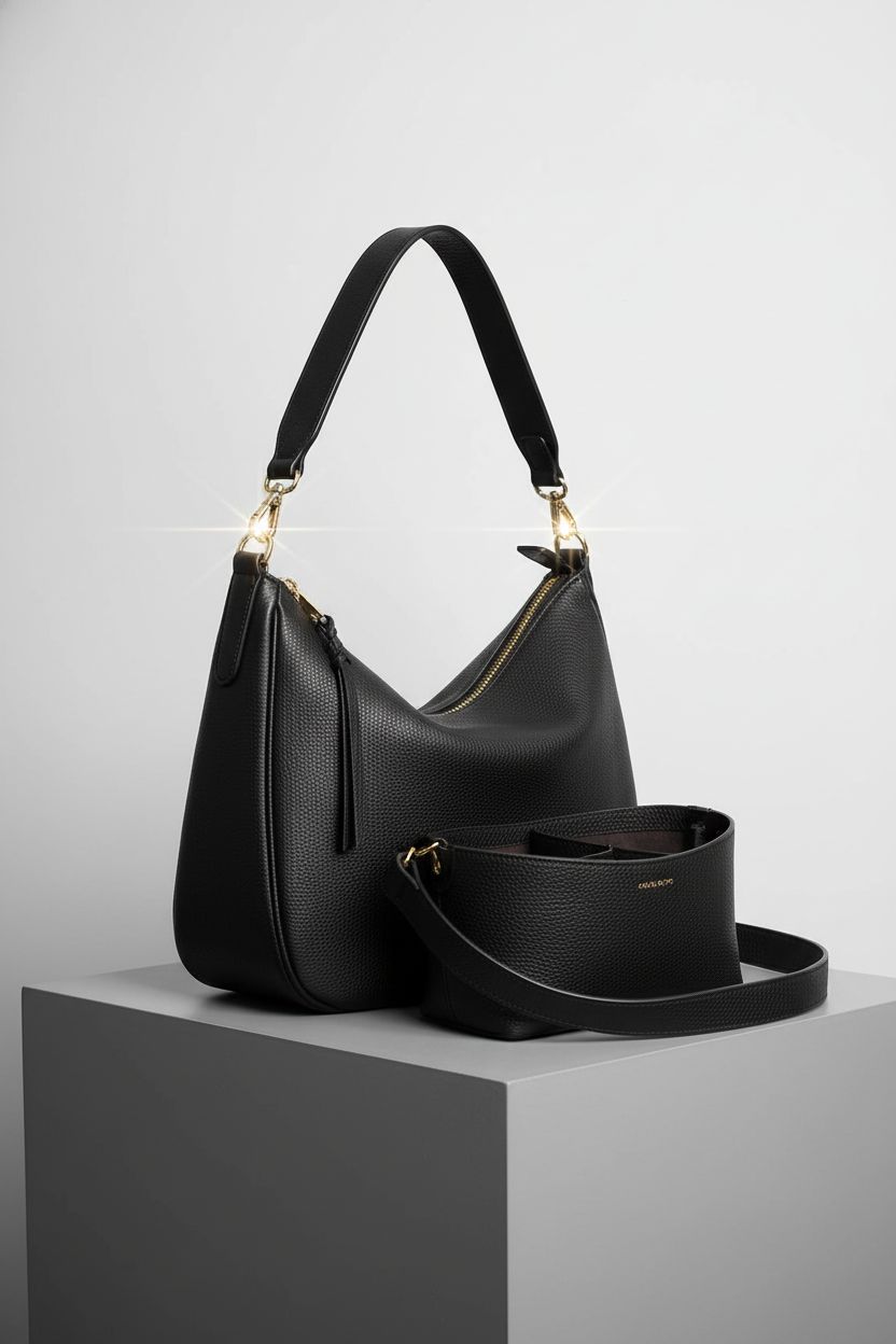 Meliae camera bag showcased on a gray backdrop, highlighting pebbled leather and gold hardware details.