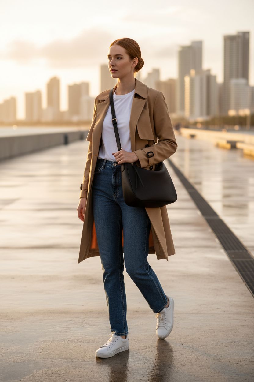 Meliae black leather camera bag worn crossbody, contrasting with a camel trench on a promenade at sunset.
