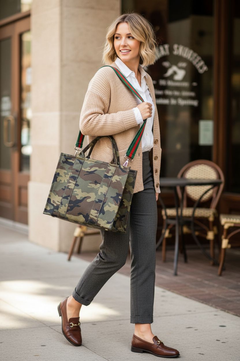 Dyalsa camo handbag styled with oatmeal knit and charcoal trousers, perfect for casual outings.