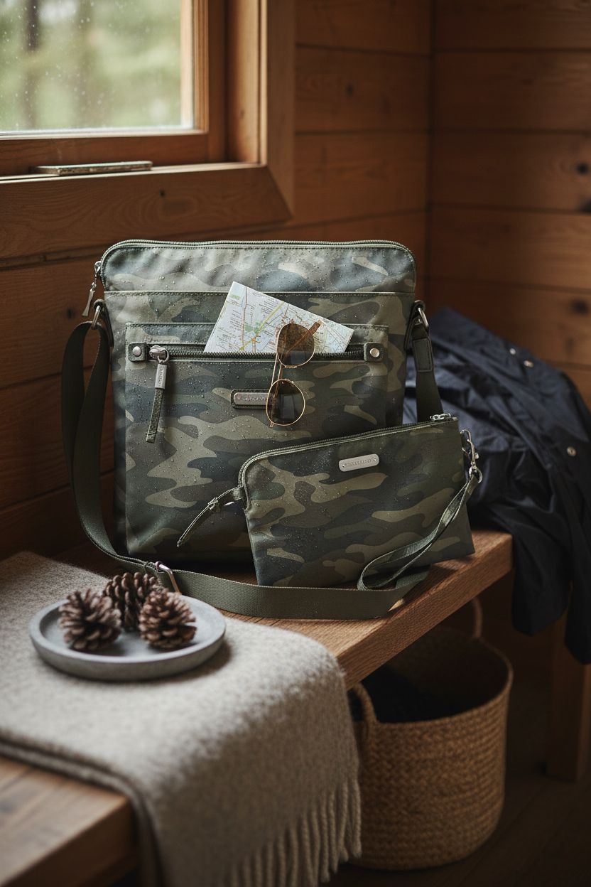 Baggallini olive camo bag resting on a bench in a cozy cabin with natural light filtering in