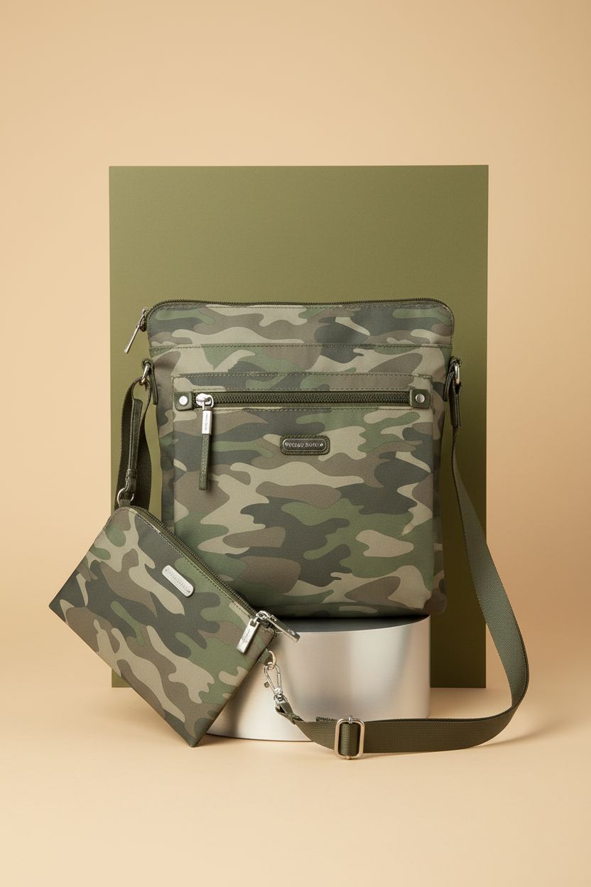 Baggallini olive camo purse showcased on a clean sand background, highlighting its design and texture