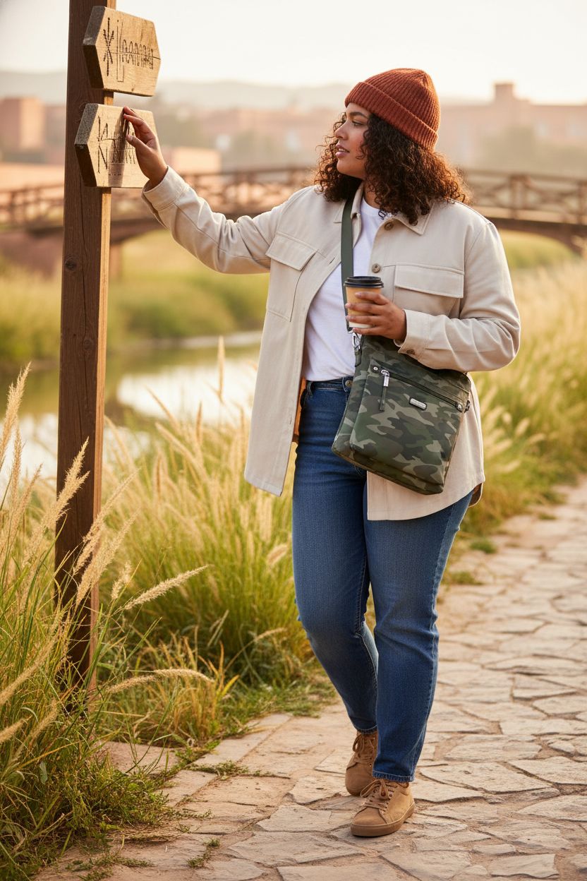 Baggallini olive camo crossbody purse styled with an oatmeal trench on a riverside greenway