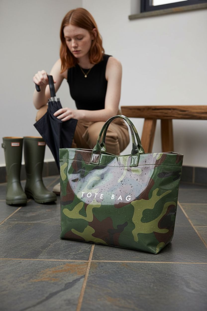 Lushandy camo tote bag resting beside an umbrella on a rainy day, showcasing its glossy finish