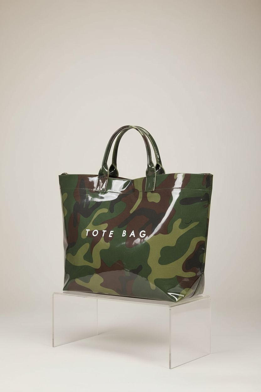 Lushandy camo tote bag displayed in a studio, highlighting PVC-canvas material and design details