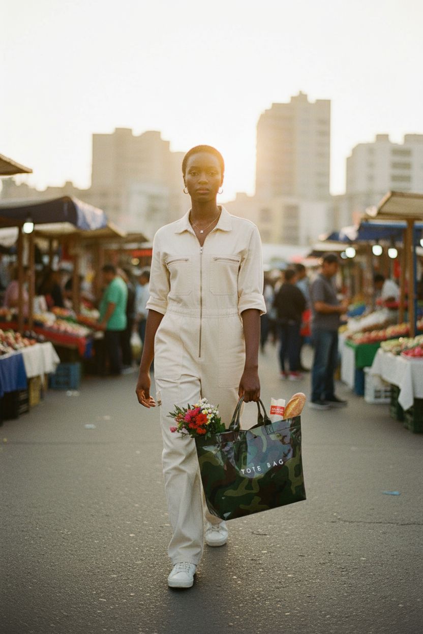 Lushandy camo tote bag in glossy PVC used at a farmer's market with flowers and a baguette
