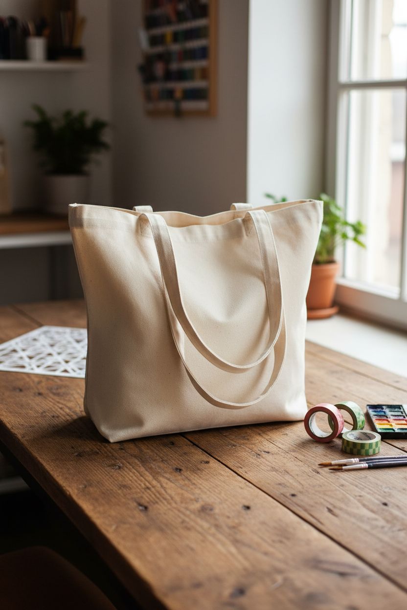 Simpli-Magic beige canvas tote bag on a reclaimed wooden table in a cozy studio