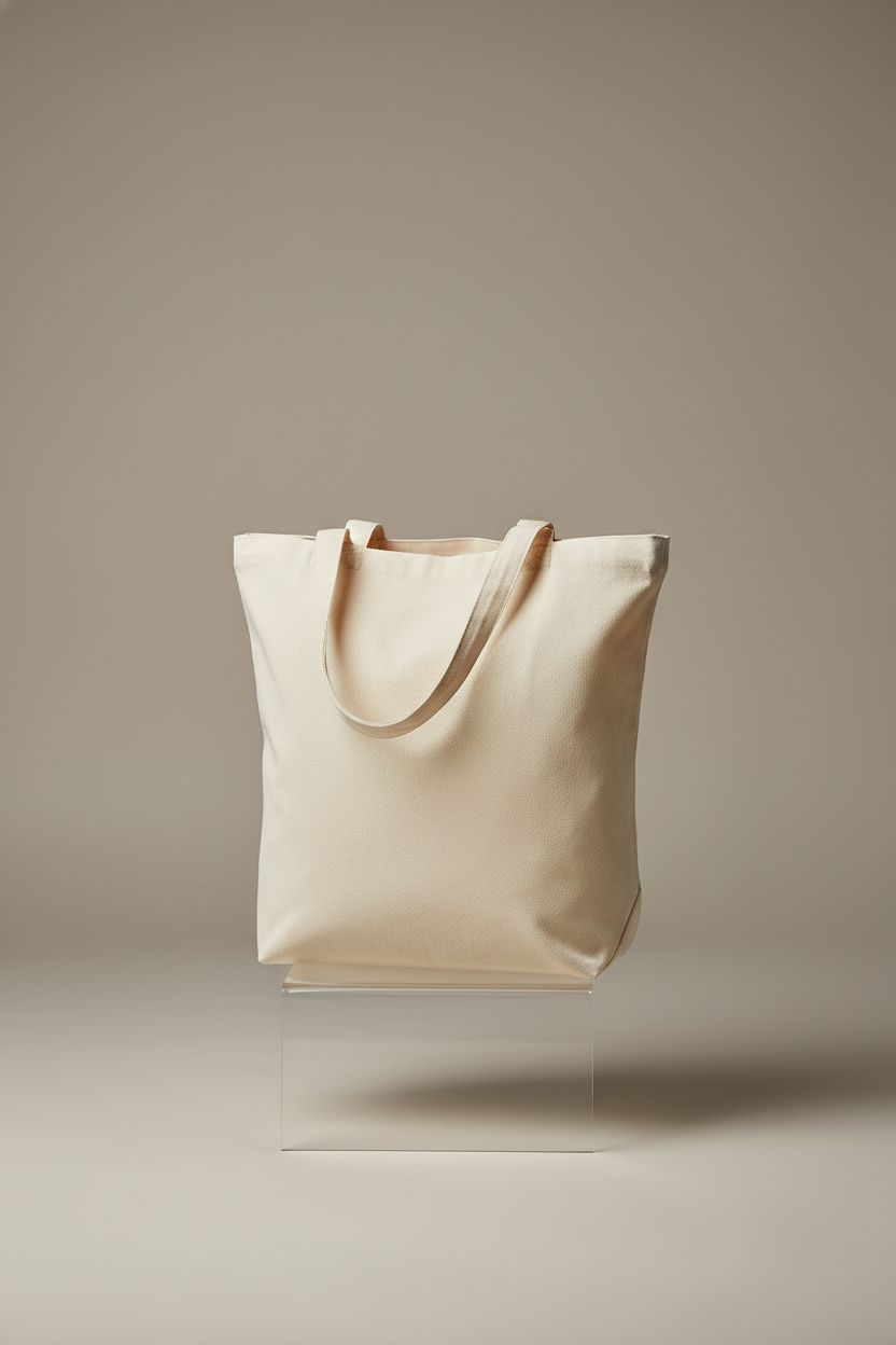 Simpli-Magic beige canvas tote bag styled on a clear acrylic block in a studio