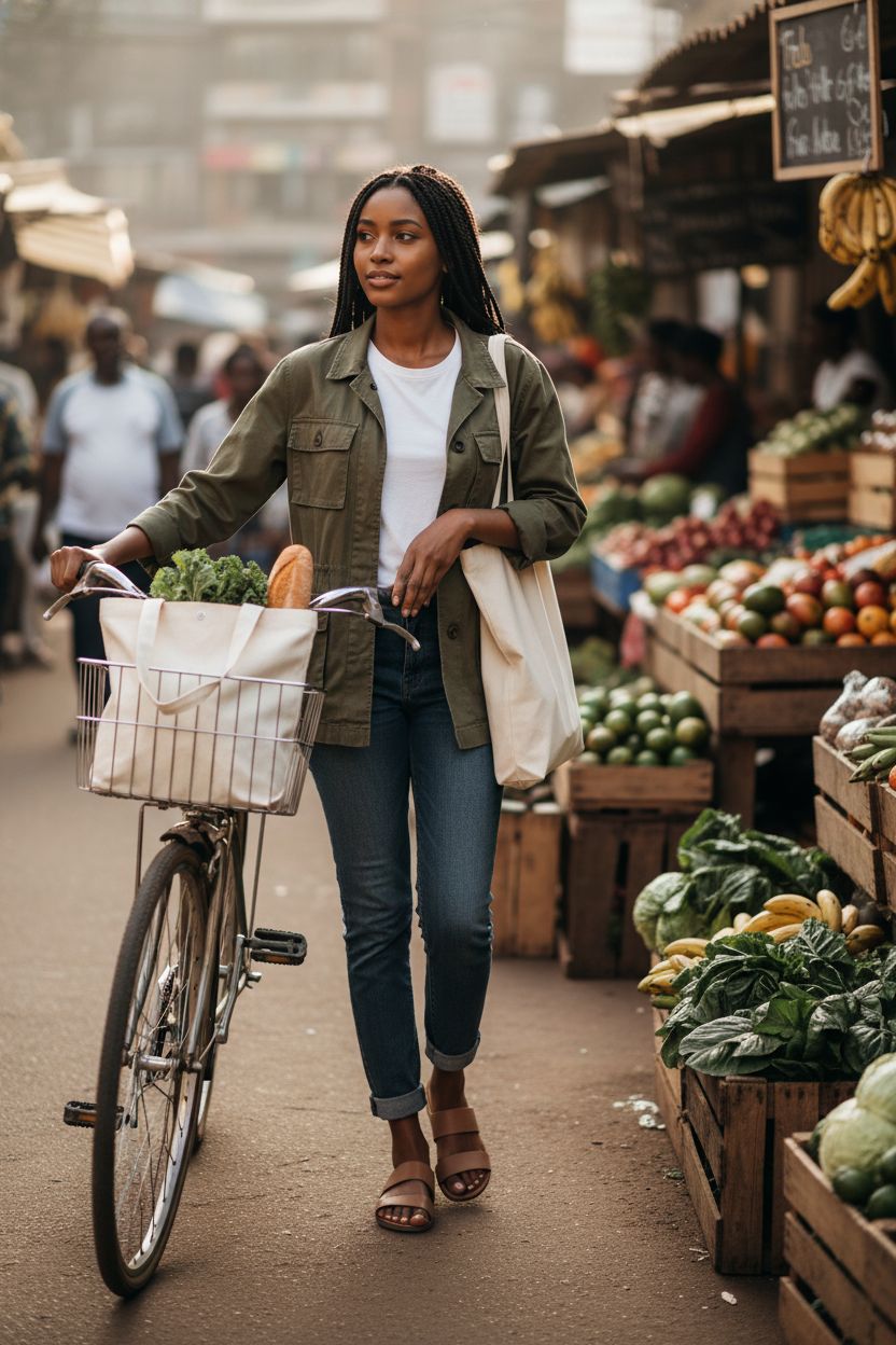 Simpli-Magic beige canvas tote bag carried at a bustling farmer's market