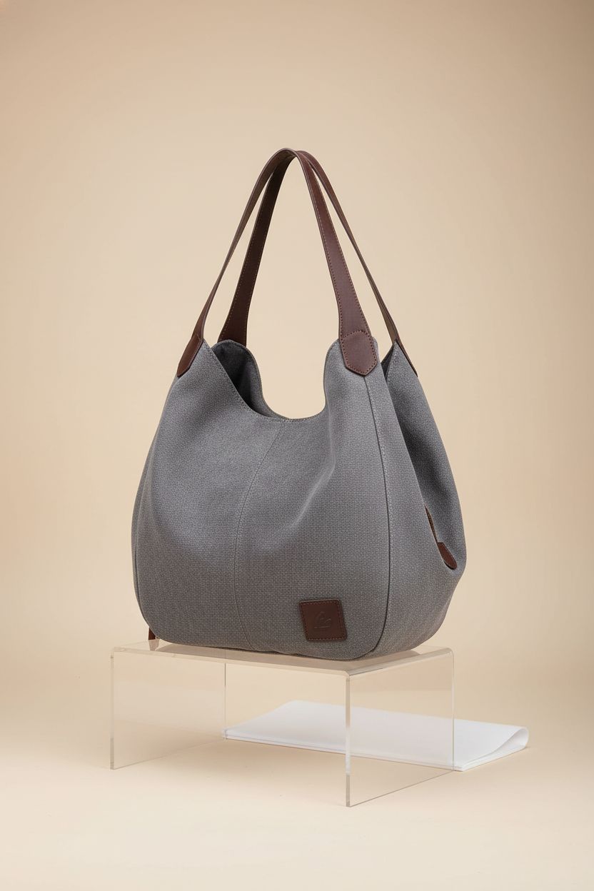 DOURR women's multi-pocket handbag displayed in a studio, highlighting its craftsmanship and canvas texture.