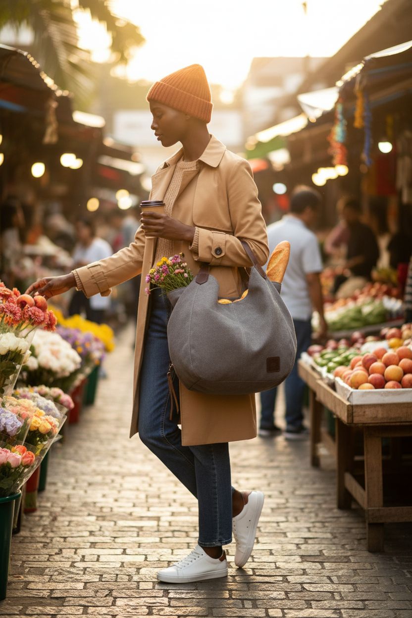 DOURR gray canvas tote bag carried at a vibrant market, perfect for daily adventures and shopping trips.