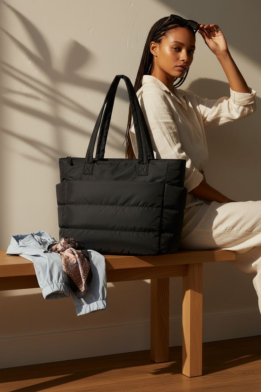 BAGSMART black tote bag on oak bench, perfect for travel or casual grab-and-go moments.
