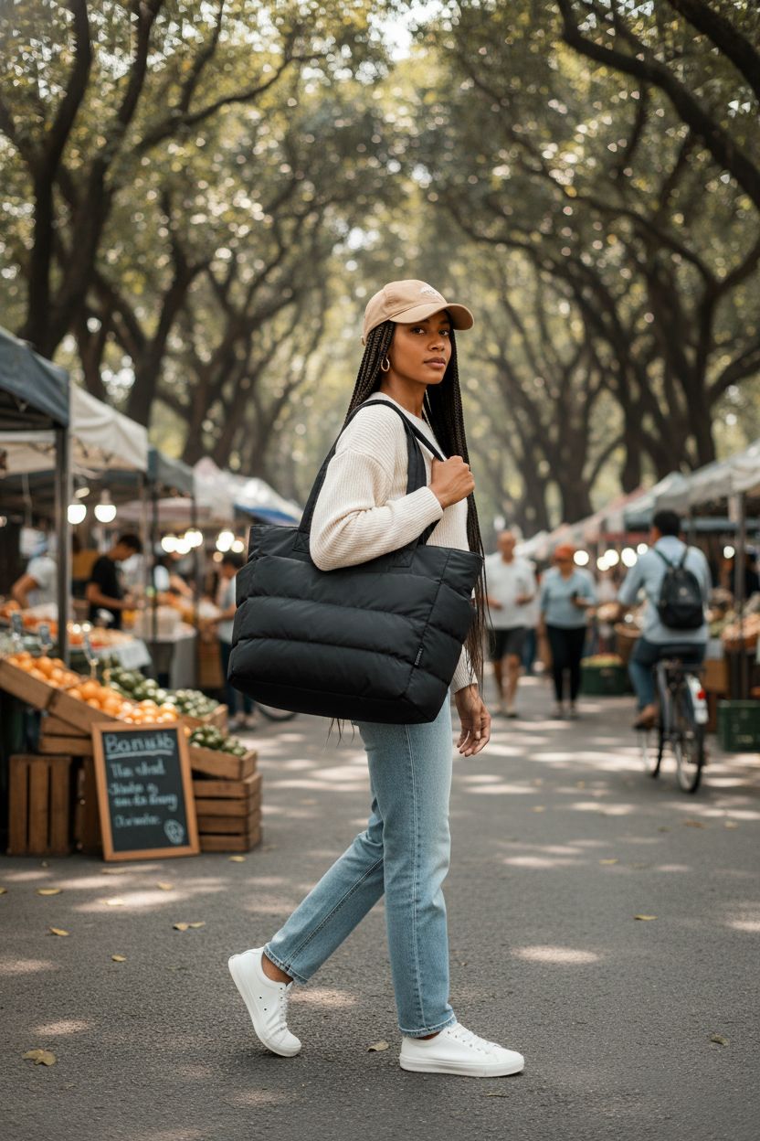 BAGSMART black quilted tote bag resting on shoulder, perfect for casual outings at the market.