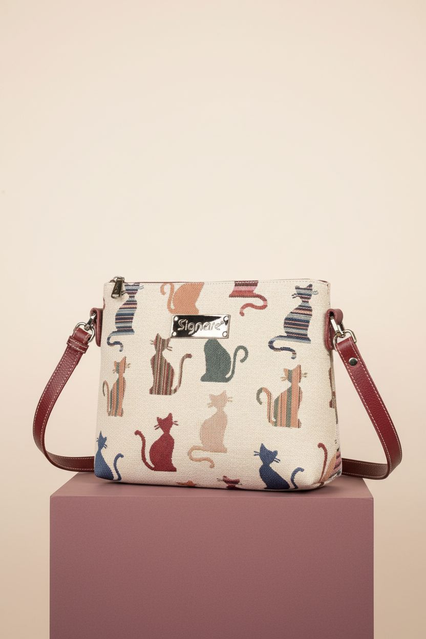 Detailed view of Signare cat print crossbody bag on a soft backdrop, highlighting its exquisite texture.