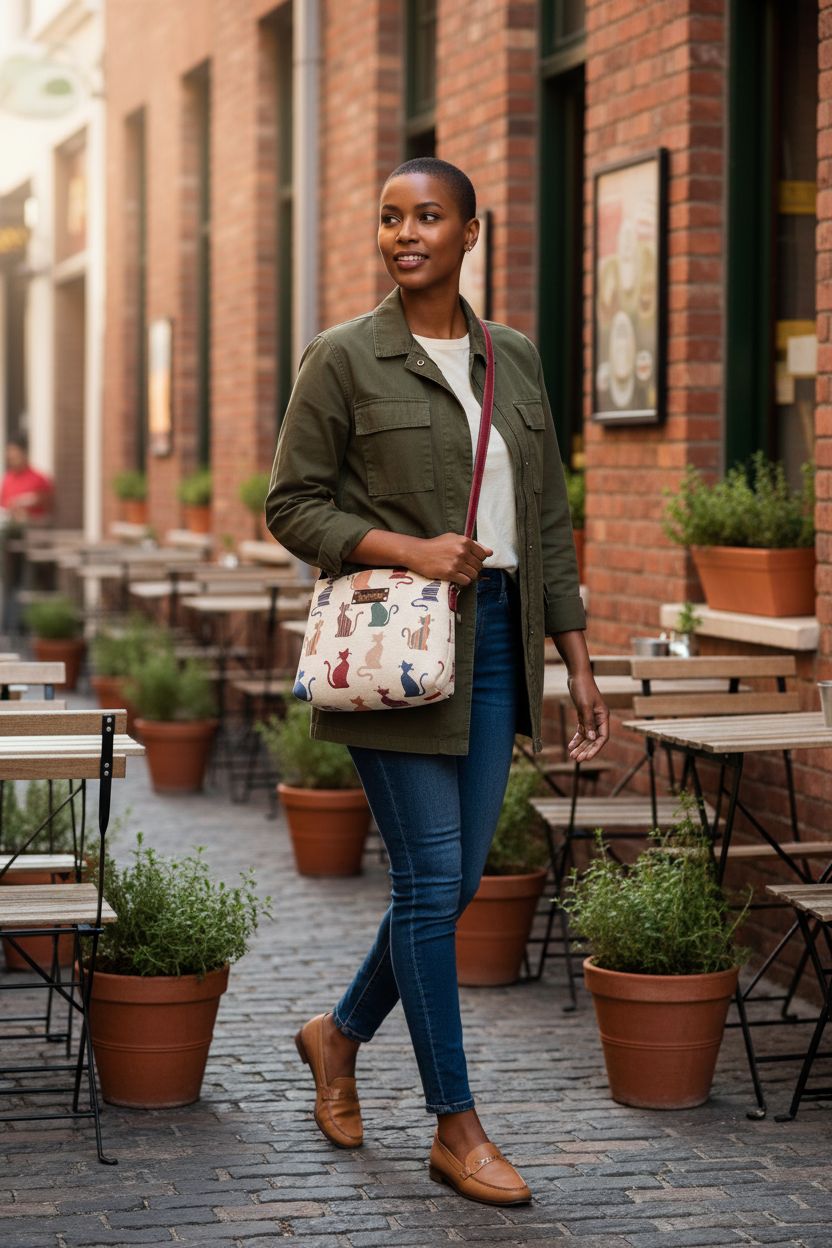 Signare cat print crossbody bag in a stylish outdoor café setting, showcasing its playful design.