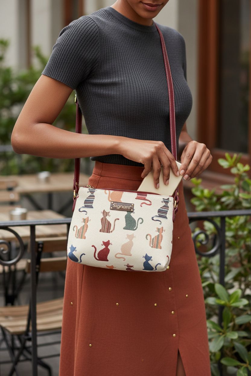 Signare tapestry cat print purse being used to hold a phone and notebook, accentuating its functionality.