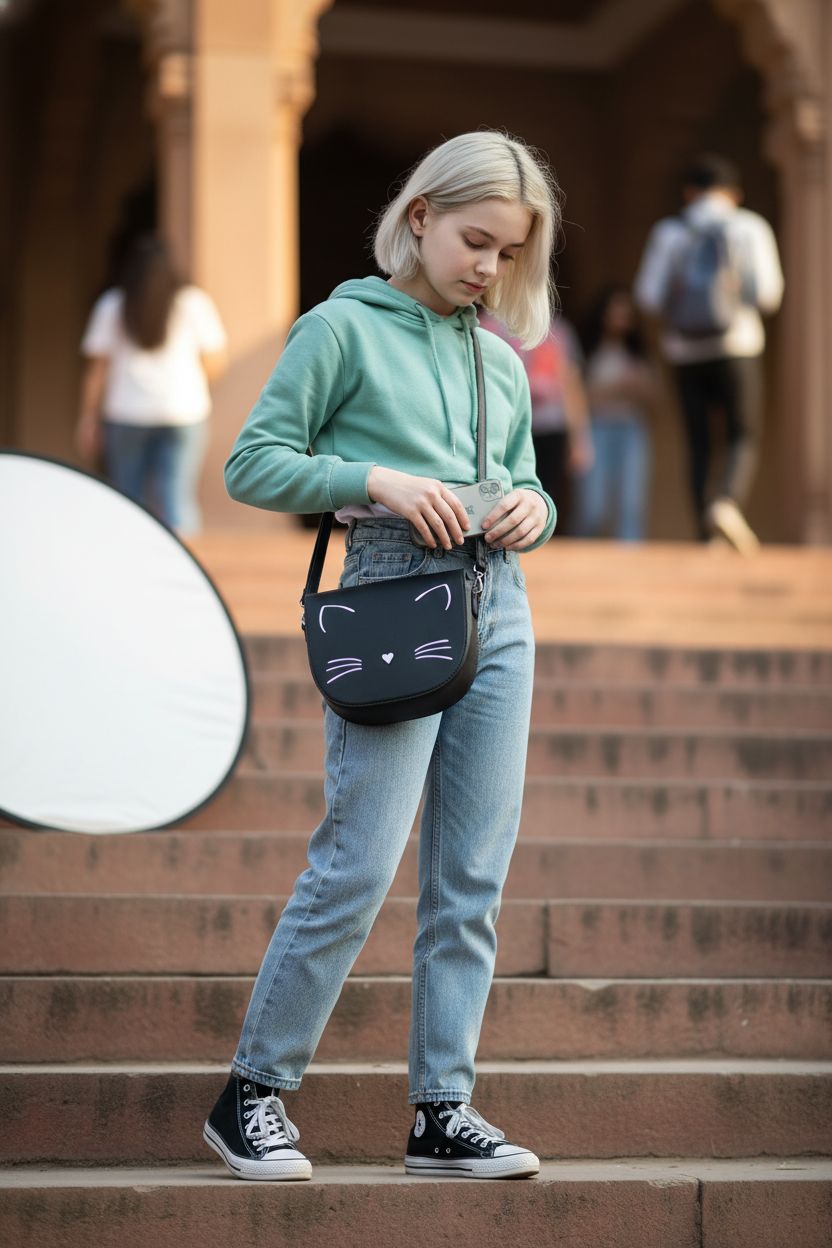 Gladdon cat purse in black, stylishly held while texting on campus steps.
