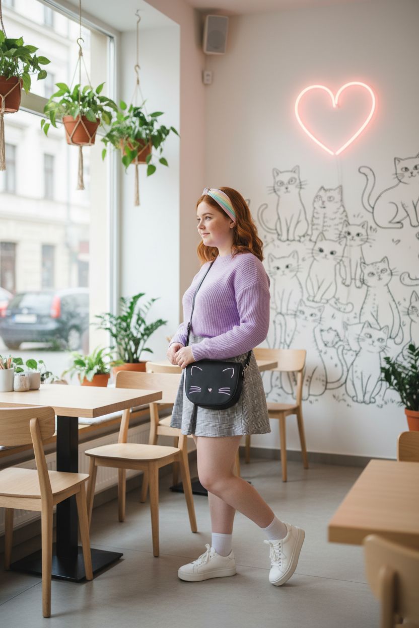 Black Gladdon cat purse stylishly worn at a bright cat-themed café.