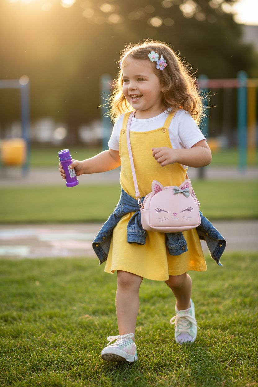 Blush-pink cat purse by Stephen Joseph bouncing during outdoor playtime