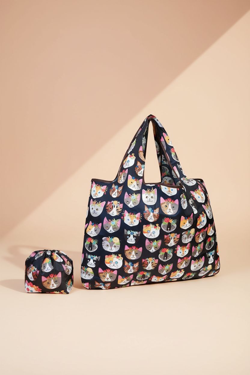 Product-focused shot of allydrew Cat Tote in Crazy Cats print, showcasing its design and practical features.