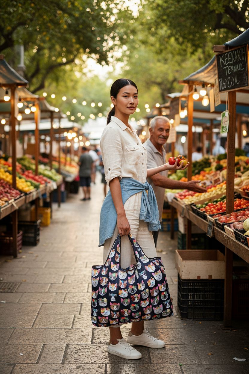 Navy multicolor cat-print tote by allydrew, ideal for farmers market trips, featuring heirloom tomatoes.