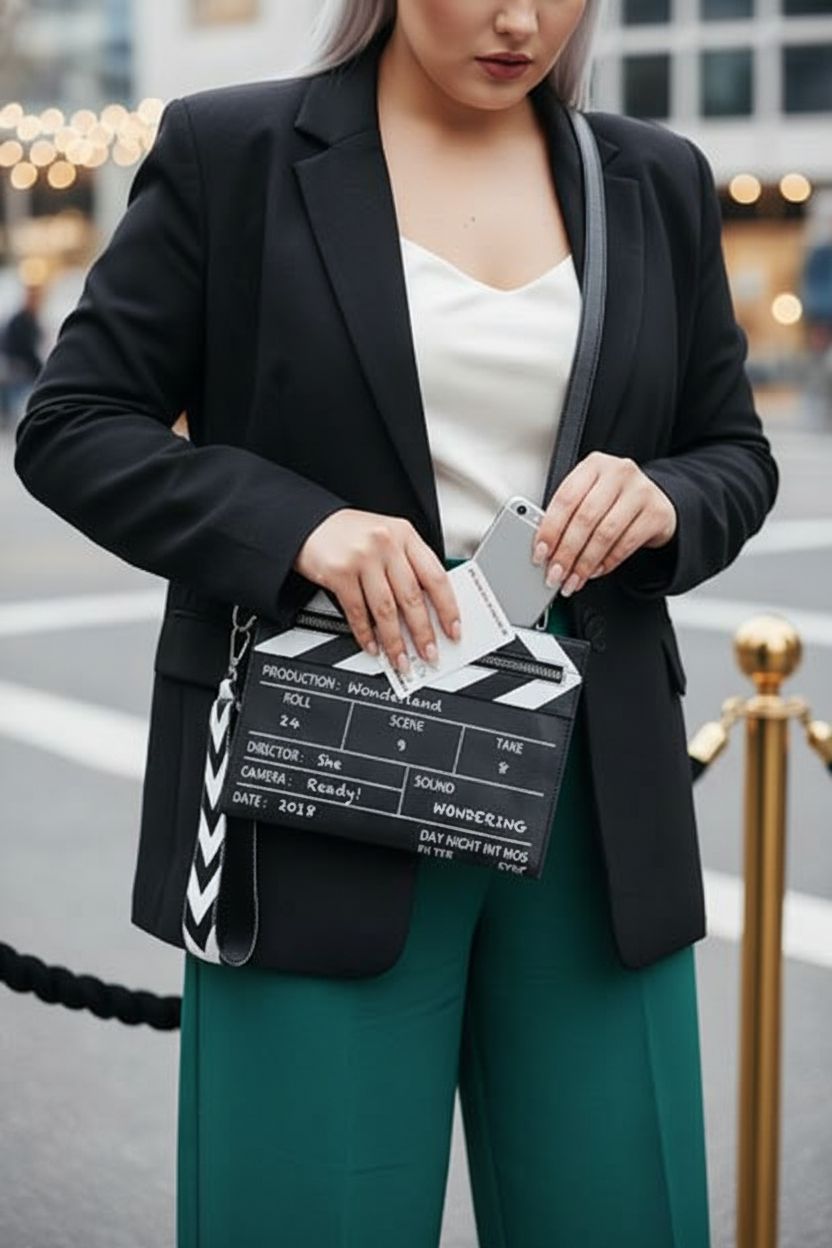 ModaBay clapperboard bag as a stylish clutch, paired with chic outfit and coffee.
