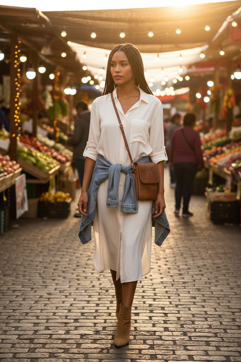BOSTANTEN vegan leather crossbody bag in retro brown at a market setting, showcasing hands-free style.