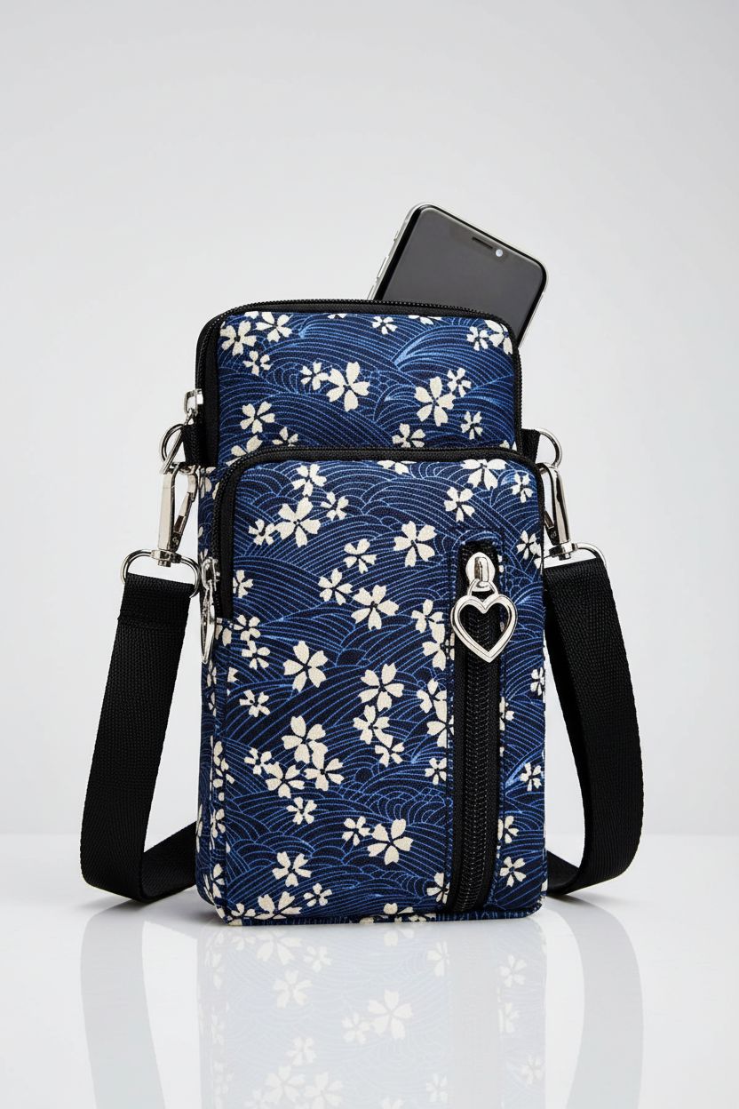 BIAOTIE navy floral crossbody cell phone purse on a light-gray background, showcasing its compact design.